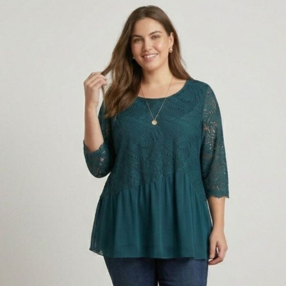 Fair Lady Lace Layer Blouse Womens Size 12 Dark Teal Chiffon Hem 3/4 Sleeve Top